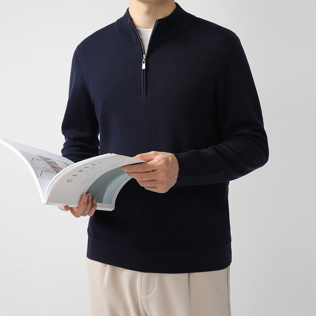 Men's Sweater Light Mature Simple Zip Stand Collar Machine Washable Merino Wool Knitwear
