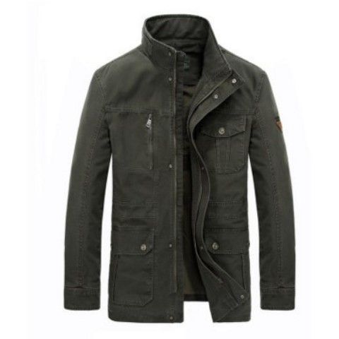 Men's Stand Collar Mid-length Multi-pocket Casual Jacket