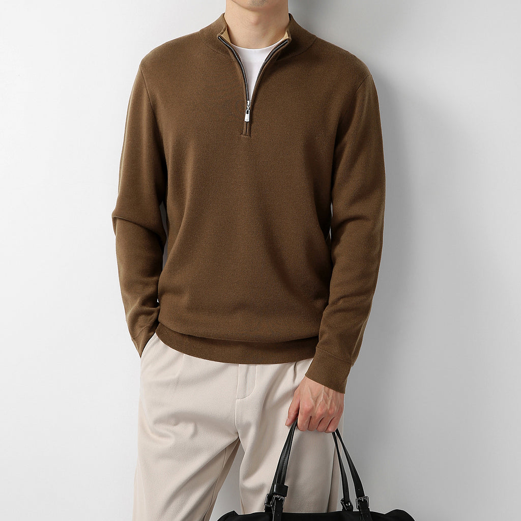 Men's Sweater Light Mature Simple Zip Stand Collar Machine Washable Merino Wool Knitwear