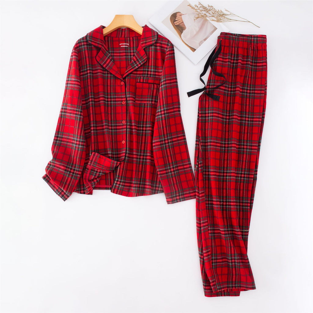 Christmas Couple Flannel Brushed Red Plaid Loose Long Sleeves Pajamas Suit