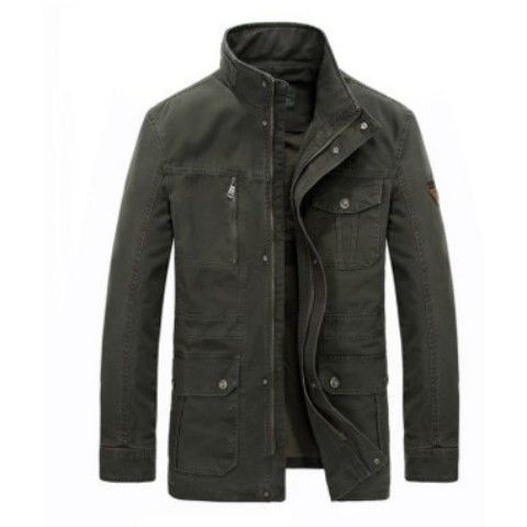 Men's Stand Collar Mid-length Multi-pocket Casual Jacket