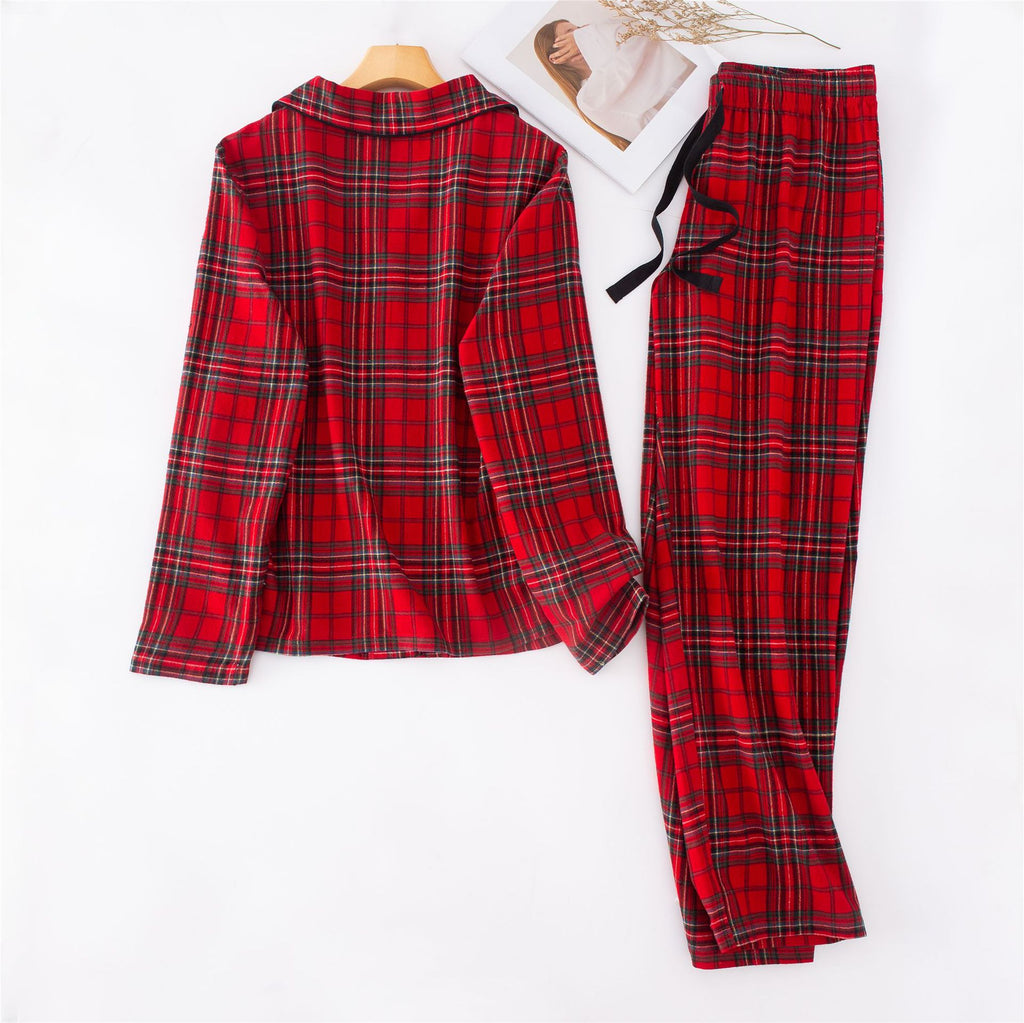 Christmas Couple Flannel Brushed Red Plaid Loose Long Sleeves Pajamas Suit