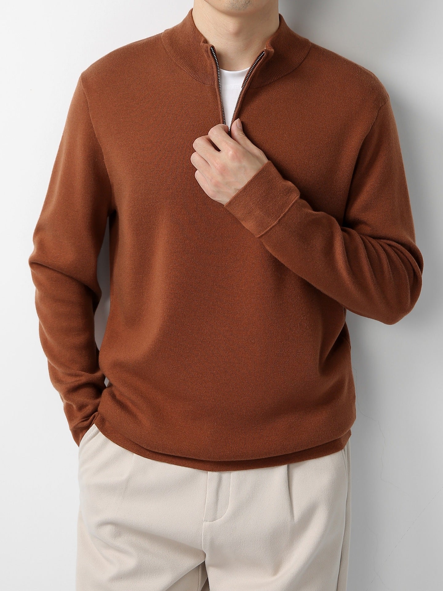 Men's Sweater Light Mature Simple Zip Stand Collar Machine Washable Merino Wool Knitwear