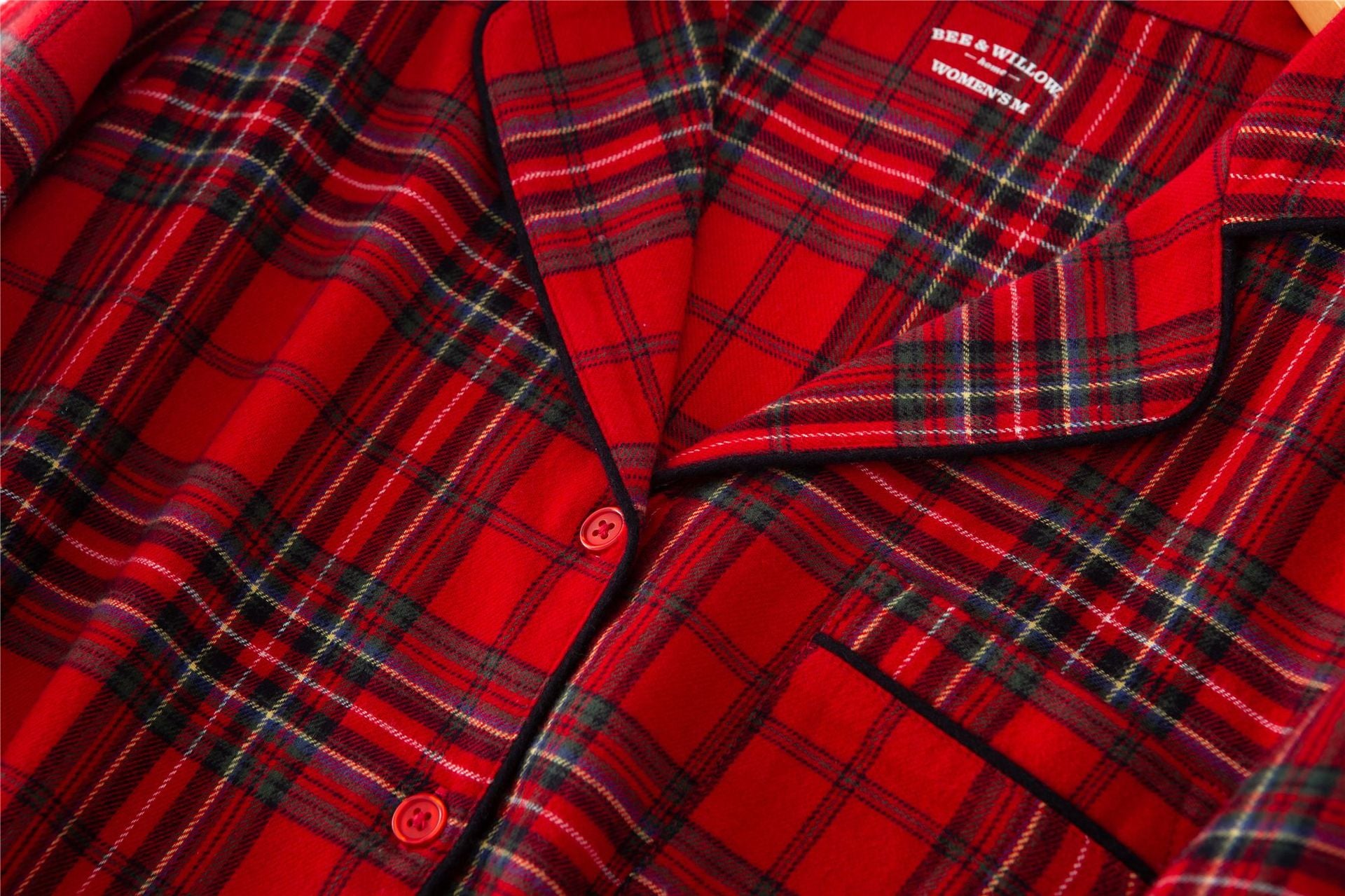 Christmas Couple Flannel Brushed Red Plaid Loose Long Sleeves Pajamas Suit