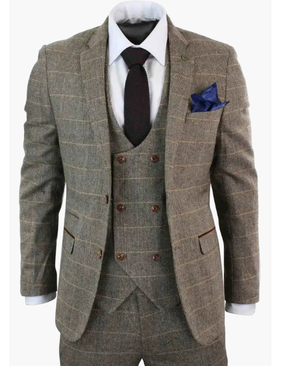 German-style Gentleman's Workplace Wedding Three-piece Brown Plaid Suit