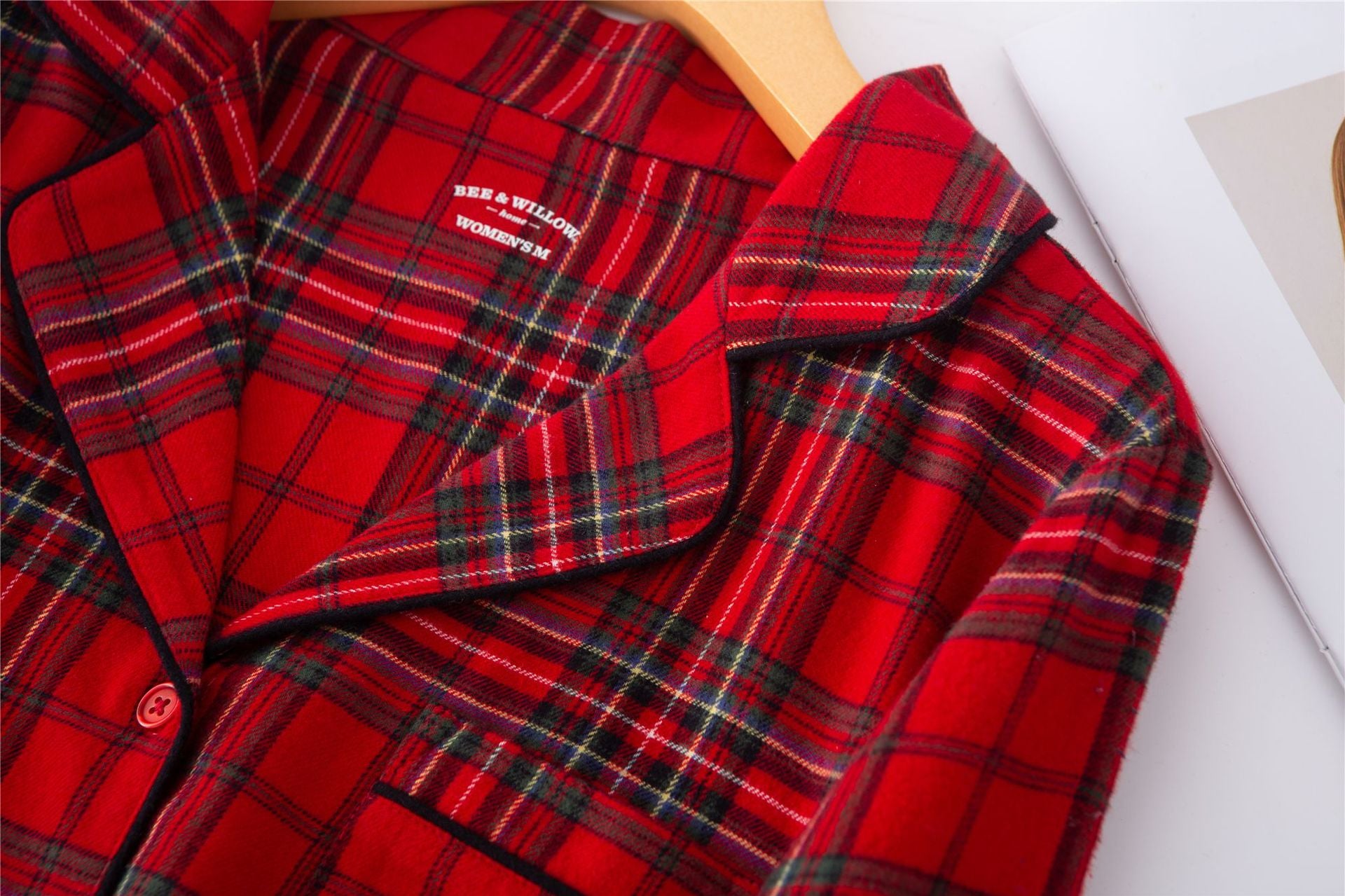 Christmas Couple Flannel Brushed Red Plaid Loose Long Sleeves Pajamas Suit
