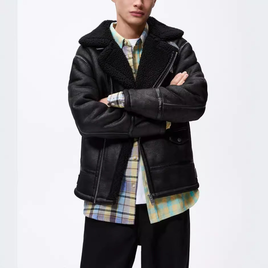 Men's Turn-Down Collar Suede Trim Double-Faced Coat 3548301